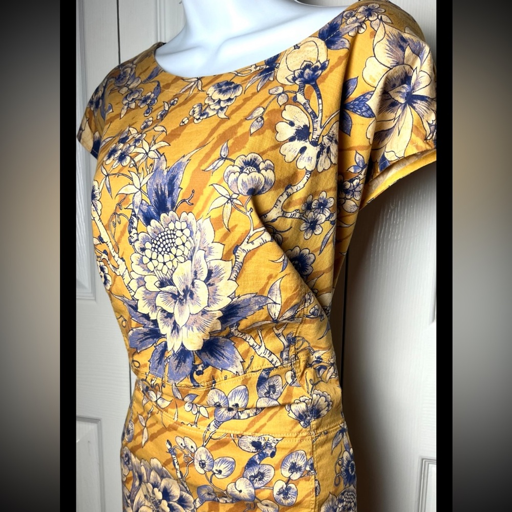 ANTHROPOLOGIE Tie Back Dress Boho Cap Sleeves Gold Blue Open Back Mini Plus 22W - Picture 7 of 12